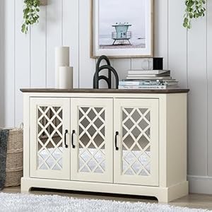 Galano Millicent 3 Door Sideboard with Acrylic Mirrors Kitchen Buffet Cabinet Farmhouse Coffee Bar Display Cabinet for Home Kitchen Living Room Dining Room and Hallway Ivory Knotty Grey Oak
