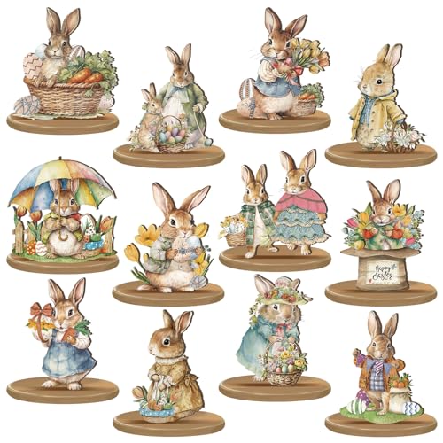 Wesiti 12 Pcs Easter Table Decorations Easter Bunny Wooden Table Centerpieces Vintage Rabbit Tabletop Signs Rustic Farmhouse Decorative for Spring Home Office Tiered Tray Decor Party Favor Supplies