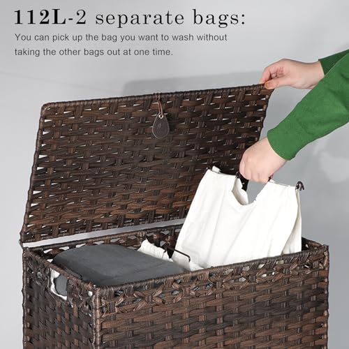 Laundry-Hamper-with-2-Removable-Liner-Bags-112L-Handwoven-Rattan-Laundry-Basket-with-Metal-Heightened-Feet-Clothes-Hamper-with-6-Mesh-Bags-Laundry-sortor-with-2-SectionsBrown Laundry Hamper with 2 Removable Liner Bags 112L Handwoven Rattan Laundry Basket with Metal Heightened Feet Clothes Hamper with 6 Mesh Bags Laundry sortor with 2 SectionsBrown