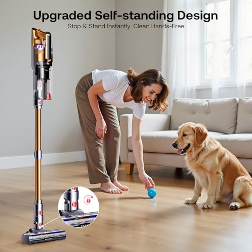 Image of Trucozie Cordless Vacuum Cleaner, Self-Standing Lightweight Stick Vacuum with 50 mins Runtime, Powerful Suction, Anti-Tangle Wireless Vacuum for Home, Hardwood Floor, Carpet, Pet Hair, Gold