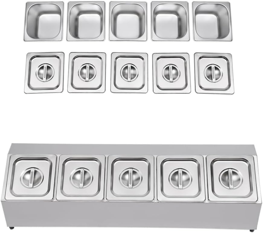 Universal Condiment Serving Container,for Outdoor Grill Stand,Pizza Topping Station for Grill Cart,Stainless Steel Seasoning Containers with Lid,Compartment Trays,1/9,Dual 12Grid