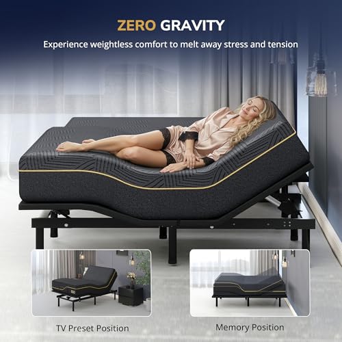 Image of EGOHOME Massage Split King Adjustable Bed Frame and 12 inchMemory Foam Mattress | Independent Head and Foot Incline, Zero Gravity, 12 inch Adjustable Legs, No Headboard, Wireless Remote,USB Ports