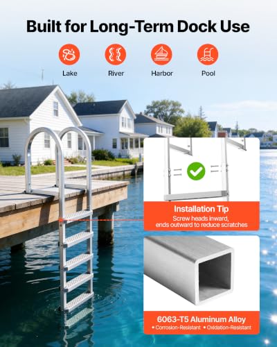 Image of VEVOR Removable Dock Ladder, 5 Steps, Aluminum Alloy Pontoon Boat Swim Ladder, with Non-Slip Wide PP Steps, 500 lbs Weight Capacity, Quick Release Design, for Lake Swimming, Pool, Marine Boarding
