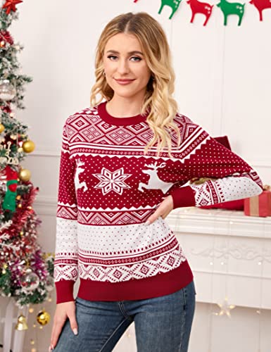 Image of MISSKY Family Christmas Sweater Crew Neck Reindeer Snowflakes Knitted Pullover for Women /Men /Kids