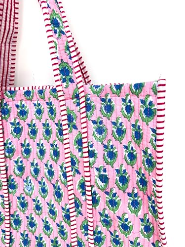Image of Quilted Cotton Handprinted Reversible Large multicolor Floral Tote Bag,Hand Block Print Shopping Shoulder Carry Bag