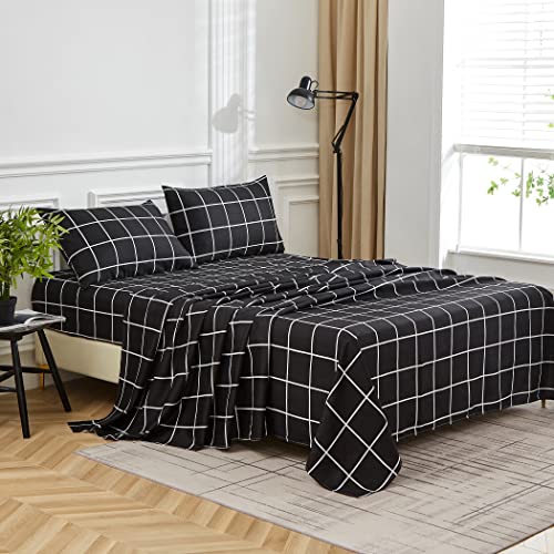 Lamejor Bed Sheet Set Twin Size Black Plaid/Grid Pattern Deep Pockets Easy Fit Hotel Luxury 4 Piece - 1 Flat Sheet, 1 Fitted Sheet, 2 Pillow Cases #TOP1