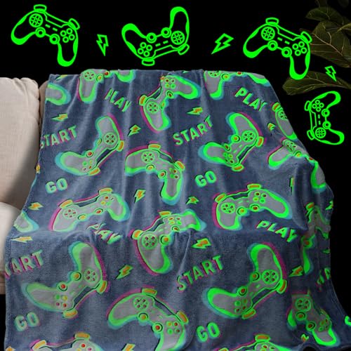 Gaming Blanket for Boys Teens Gamers, Gamer Gifts for Kids, Soft Cozy Flannel Video Game Throw Blanket for Bed Sofa Bedroom, Birthday Gifts for 6-12 Year Old Boys, Glow in The Dark, Gaming Room Decor