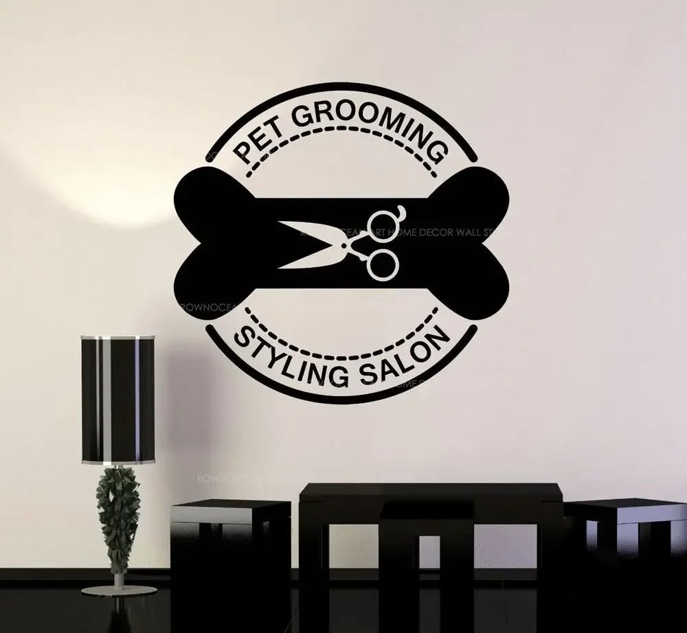 Pet Shop Window Sticker Grooming Beauty Salon Cat Dog Bone Scissors Vinyl Glass Wall Decal Logo Banner Mural Wallpaper 44x42cm