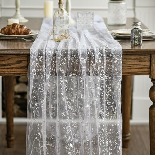 Artoid Mode Gaze Tüll Glitter Folie Weiß Silber 6 Stück Tischläufer 70x300 cm, Küche Tisch Dekoration Drinnen Urlaub Party Geburtstag Dekor – Ansicht 2