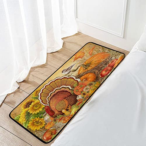 Thanksgiving Turkey Pumpkin Kitchen Rugs Autumn Sunflower Leaves Bath Rug Runner Comfort Mat Non-Slip Doormats Carpet For Bathroom Indoor 39" X 20" #TOP6