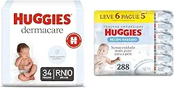 Kit Huggies Premium Dermacare Tamanho RN - 34 Fraldas + Lenço Umedecido Pure Care L6P5-288 Lenços