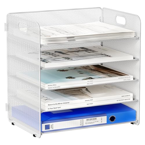 EasyPAG 5 Fächer A4 Metall Büro Schreibtisch Organizer Dokumentenhalter Aktenablage Zeitschriftenhalter Briefablage Papier Magazin Organisator,Weiß