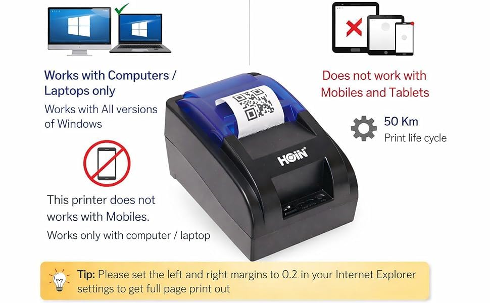 Original HOIN™ Kiosk Receipt/POS Bill Printing Support 58mm BIS Certified USB Thermal Printer. (1 Year Warranty). No Bluetooth. 3