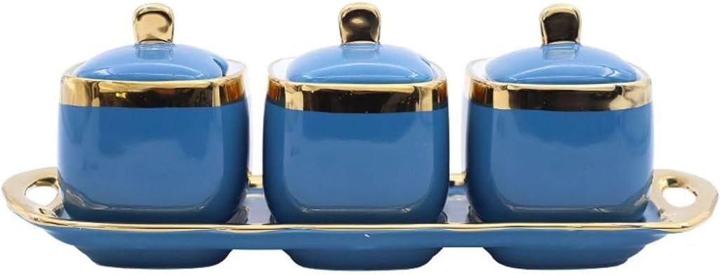 Condiment Set Seasoning Box Condiment Jar Ceramic Condiment Jar Set Seasonings Spice Container With Spoon Lid Tray For Kitchen Salt and Sugar Container Sets Condiment Pot (Color : C)
