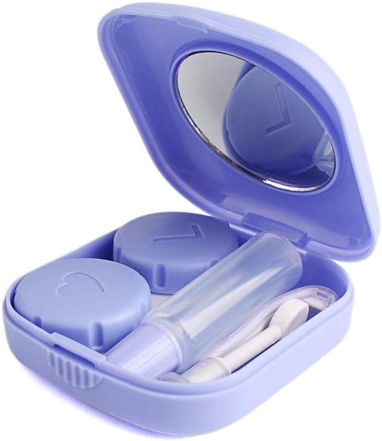 Mini Contact Lens Case Cute Pocket Portable Travel Kit Easy Carry with Mirror Tweezers Container Holder for Eyes Care Purple