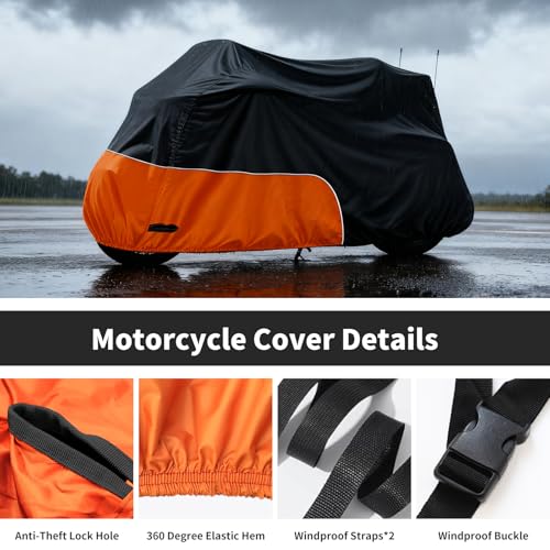 Image of Motorcycle Cover Heavy Duty 300D Waterproof for Touring Ultra | Fits for Harley Davidson Ultra Ltd, Road Glide Ltd, Honda Goldwing, BMW, Indian Motorcycle Accessories, 110 Inch Black