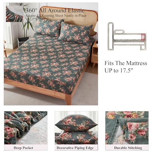 Image of FADFAY Forest Green Floral Queen Sheet Set - 100% Muslin Cotton Double Gauze Bedding - 4 Piece Shabby Chic Cottagecore Sheets, Ultra Soft Breathable Cooling Deep Pocket Fitted Sheet up to 17.5 inch
