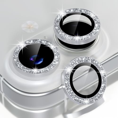 Choiche Compatible for iPhone 17 Camera Lens Protector Bling 9H Tempered Glass Camera Cover Screen Protector Metal Ring Decoration Accessories 2-Lens 6.3-inch (Glitter-Silver)