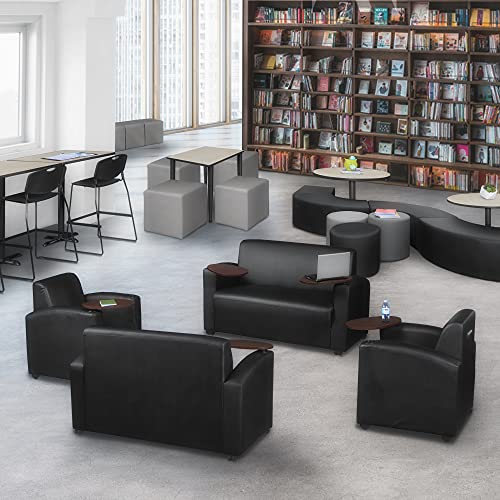 Image of Romig Superstellar Loveseat with 360-Degree Swiveling Tablet Arm, Java Finish, Black Vinyl Upholstery, Ergonomic Seating for Offices, Homes, Lounges, or Study Areas