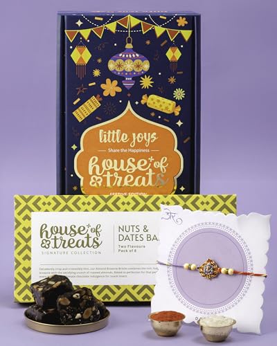 Image of Hyperfoods Rakhi with Chocolate Gift Hampers For Brother Raksha Bandhan Gift Hamper Little Joy Box Nuts and Dates Bar 160g with Ganesha Rakhi Roli & Rice Chocolates Gift Pack Rakhis with Gift Hamper For Brother