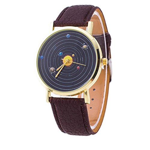 Vavna Top New Unisex Student Solar System Print Quartz Women's Leather Wrist Watch - Brown Gold