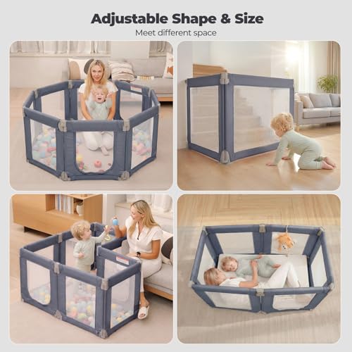 Image of Foldable Baby Playpen, 47 inchx49 inch Collapsible Play Pen for Babies Toddlers, 360 Vision Mesh Play Yard with Zipper Gate, Adjustable Shape Safety Baby Fence with Handles, Portable Indoor Outdoor, Grey