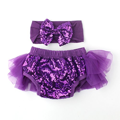 Slowera Baby Girls 2PCS Sets Cotton Tulle Sequins Diaper Cover Bloomers and Headband (Purple, L: 12-24 Months)