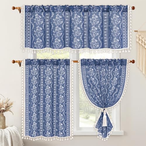 Image of Yinhua Boho Kitchen Curtains and Valances Set Vintage Linen Blue Cafe Curtains Light Filtering Rod Pocket Valance Farmhouse Rustic Tassel Tier and Valance, 52 inch W X 18 inch L+26 inch W x 36 inch L