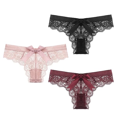 Women Lace Bow Thongs,T Back Low Waist Panties Sexy V-Shape Design Floral Lace, Breathable Panties Undies for Women 3-Pack4