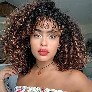 YEAME Curly Wigs for Black Women – Kinky Curly Afro Wig with Bangs 2 Tone Brown Mixed Black Color Synthetic Hair African Wigs with 1 Wig Comb and 4pcs Wig Caps