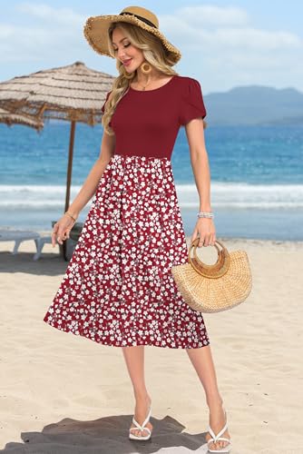 MOLERANI Damen Sommerkleider Knielang Rundhals Blumenmuster Freizeitkleid Elegant Kleider Loose Swing Damenkleid Casual Midikleid mit Taschen Rote Blume XL 5