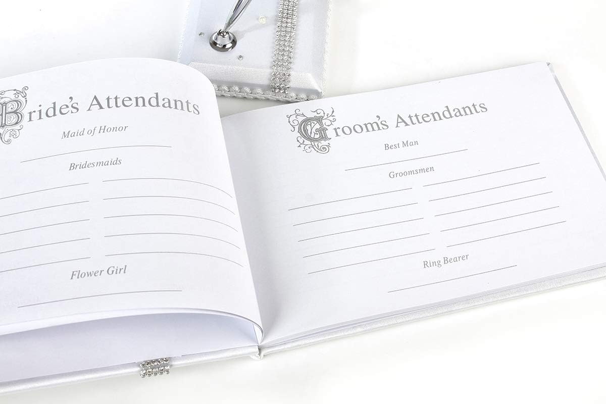 KateMelon Rhinestone Row Wedding Guest Book and Pen Set, White