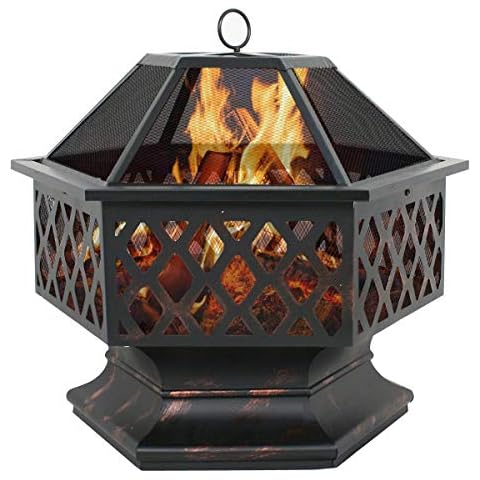 LEMY Hex Shaped Fire Pit Wood Burning Fireplace Firepit Bowl with Spark Screen Cover Patio Backyard Heater Steel 24" Cover