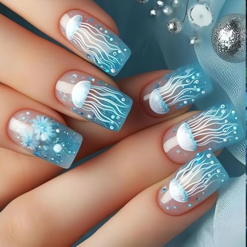 24 個ミディアムロングスクエアフェイクネイルフロストオーシャンテーマクラゲデザイン通気性プレスオンネイル毎日使用ギフト ABS スクエアプレスオンネイルパーティー