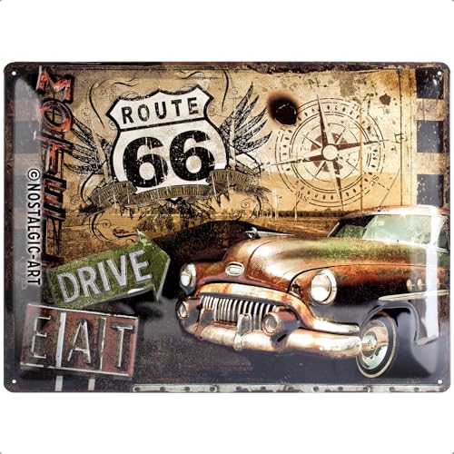 Plaque de Décoration en Métal - Design Retro - Vintage Route 66 Road Trip 30 x 40 cm
