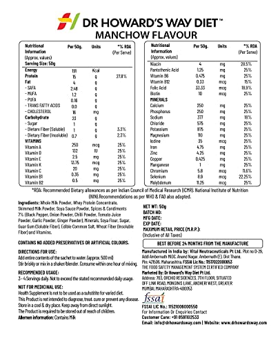 Image of Dr Howard's Way Diet | Total Food Replacement | Manchow Soup For Weight Loss & Management | Healthy Meal Replacement | Essential 13 Vitamins & 14 Minerals | Less than 200 Calories Per Meal Pack | For Men & Women | 50Gm (Vegetarian)