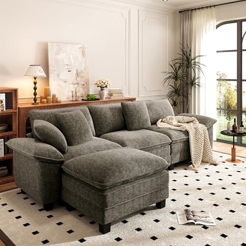 Image of PHI VILLA Cloud Modular Couch Sets, 123.6 inch Sectional Sofa with L-Shaped Chaise, 4-Seater Upholstered Couches with Movable Ottoman for Living Room, Chenille Fabric, Smoky Grey