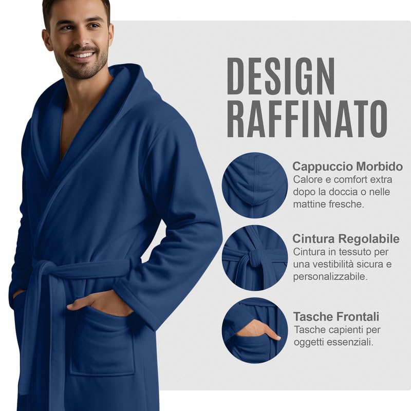 NARCISO - Accappatoio Uomo Donna Microfibra Economico con Tasche Cappuccio e Cintura, Ideale per Casa, Viaggio, Palestra, Tessuto Morbido e Comodo, Taglie dalla S alla XXL