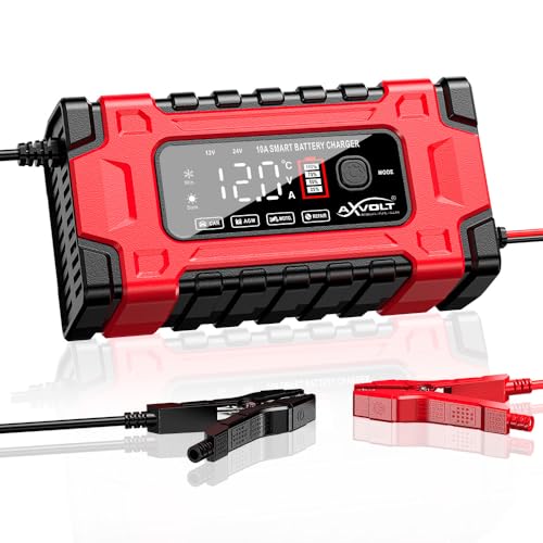 Image of AXVOLT Battery Charger 10-Amp 12V and 24V Fully-Automatic Smart Car Battery Charger, Battery Maintainer Trickle Charger, and Battery Desulfator with Temperature Compensation