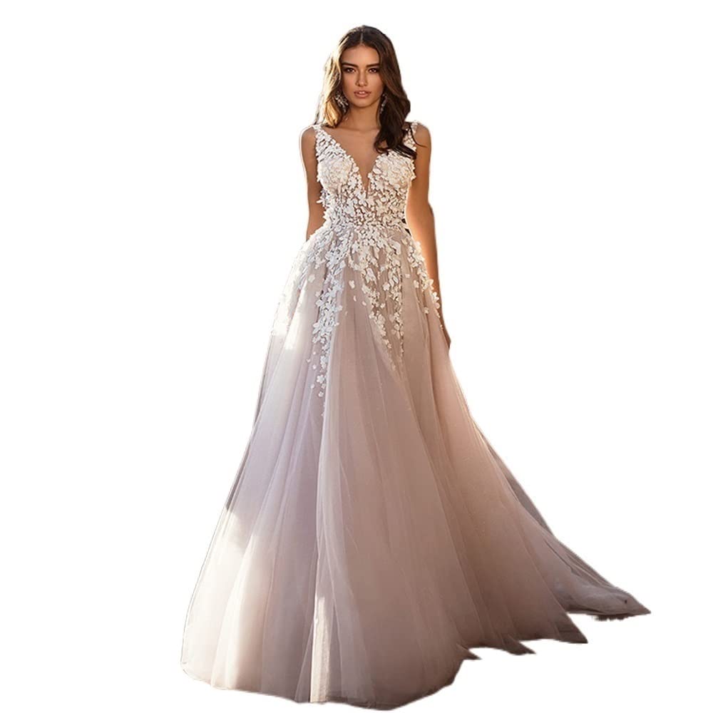Dress for women Beach Wedding Dresses Backless Flowers Sleeveless V-neck Boho A-Line Princess Bride Gowns (Color : White, Size : FLOOR LENGTH_10)
