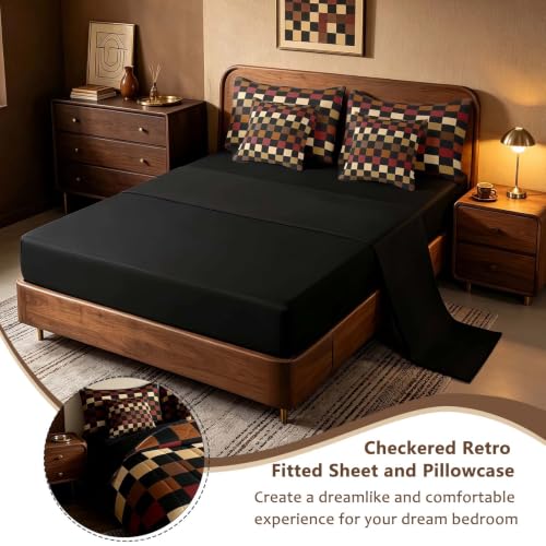 Image of Feelyou Checkered Retro Comforter Set with Sheets 7 Piece Twin Size Brown Red Black Plaid Bed in a Bag Kids Boys Girls Geometric Vintage Bedding Set Modern Simple Groovy Aesthetic Bedroom Decor Soft
