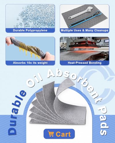 Image of 9.8 inchx13 inch Oil Absorbent Pads 100 Pack | Heavy & Fast Absorb | Reusable & Trimmable Lightweight Pads that Absorb Oil, Water, Coolant & Solvents for Workshops, Garages & Kitchen Drains