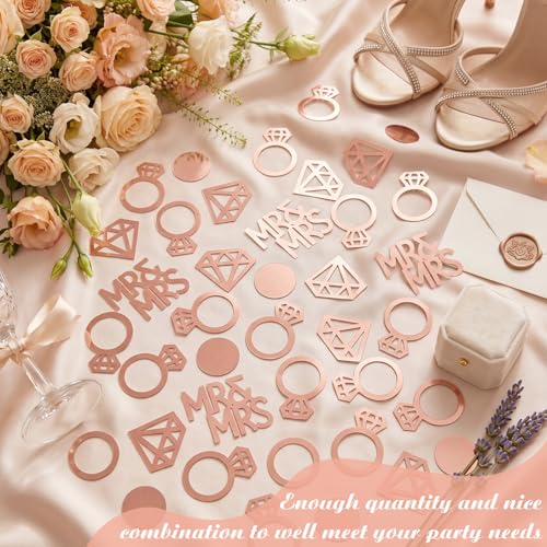 Image of Sumind 220 Pieces Rose Gold Wedding Table Confetti, Paper Mr and Mrs Rose Gold Diamond Ring Circle Dots Diamond Glitter Confetti for Marriage Ceremony Anniversary Valentine
