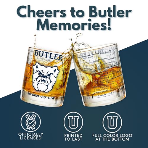 Image of Greenline Goods - University of Butler Bulldogs College Whiskey Glasses (Set of 2), 10 oz - Full-Color Logo + Campus Map