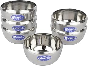 Sharda Metals Stainless Steel Set of 6 Katori, Polished Rimmed Apple Bowls for Serving Dal, Dessert, Halwa, Soup, and Indian Dishes, Ideal for Traditional Indian Kitchens and Home Cooks - 150 ml Each