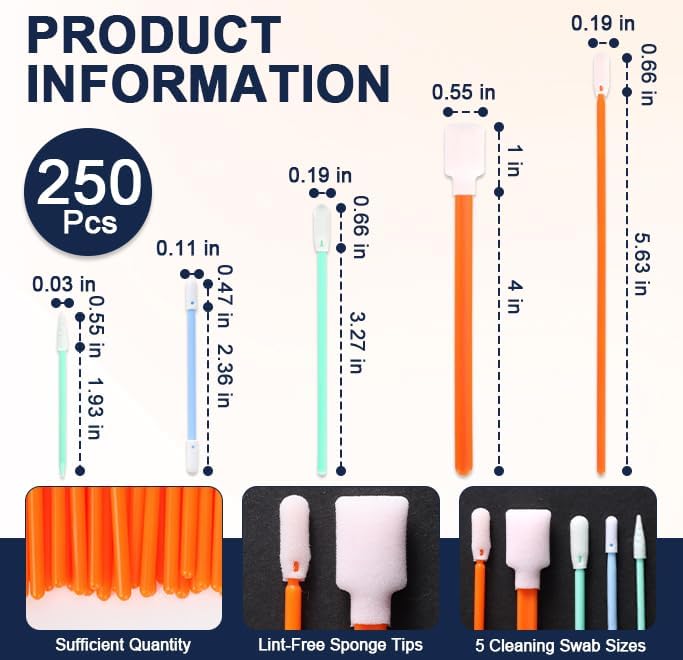 250 Pcs Foam Cleaning Swab Kit 5 Types Lint-Free Foam Swab Sticks with Storage Box Micro Cleaning Sponge Tip Swabs for Electronics Printer Cameras Optical Lenses Equipment Gun Automotive Detailing