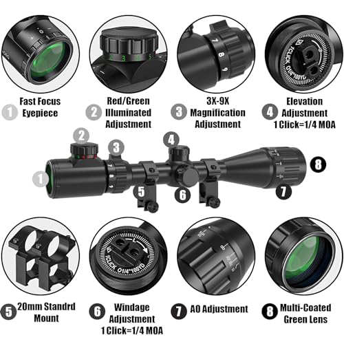 UUQ 3-9x40AO-32AO Rifle Scope with Red & Green Illumination - Long Range Hunting Optics for Air Sniper, Crossbow, Airsoft, Pellet Gun, BB, Airgun - Waterproof, Fog-Proof