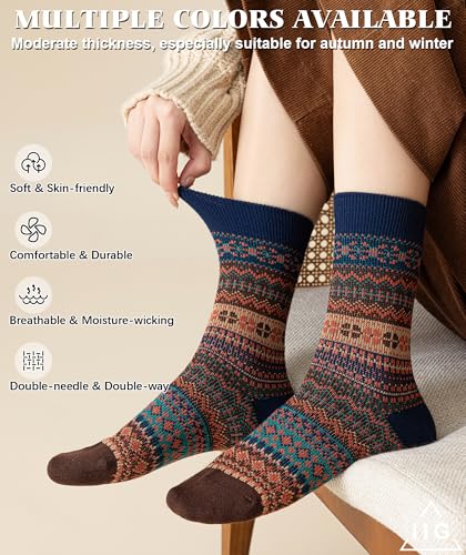 Image of IIG 3-5 Pairs Womens Vintage Cozy Crew Socks Soft Cute Neutral Cotton Socks Exquisite Patterns Socks Gift