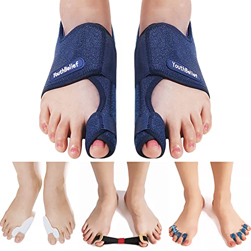 Bunion Corrector Bunion Splint Hallux Valgus ã€2021 Updatedã€‘Toe Separator Bunion Big Toes Corrector Set Bunion Brace Hallux Valgus Straightener Bunion Exercise Strap Orthopedic Kit Bunion Pain Relief (Blue, free)