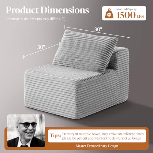 Image of 30 inch Cloud Sectional Couch Single Seat for Living Room, Extra Deep Seats No Assembly, Minimalist Modular Couch, Corduroy (Light Grey, Single Seat)